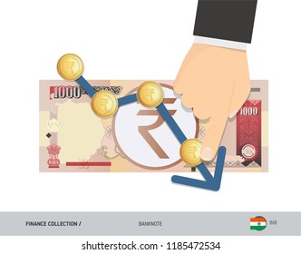 Exchange rate graph with 1000 Indian Rupee Banknote and coins. Flat style vector illustration. Business concept.