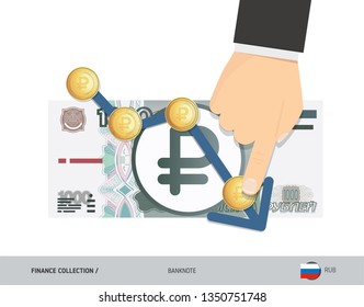 Exchange rate graph with 1000 Russian Ruble banknote and coins. Flat style vector illustration. Business concept. 