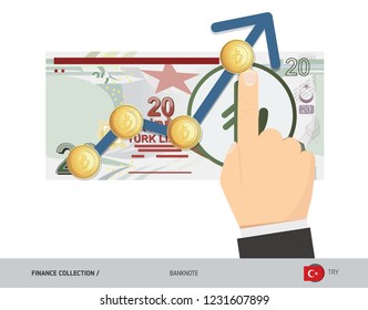 Exchange rate graph with 20 Turkish Lira Banknote and coins. Flat style vector illustration. Business concept.