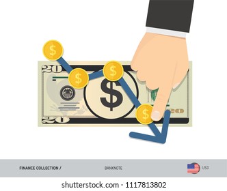 Exchange rate graph with 20 US Dollar Banknote and coins. Flat style vector illustration. Business concept.