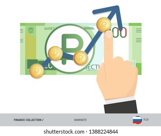 Exchange rate graph with 200 Russian Ruble banknote and coins. Flat style vector illustration. Business concept.