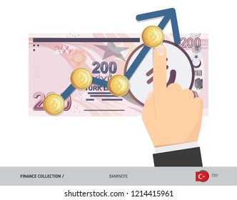Exchange rate graph with 200 Turkish Lira Banknote and coins. Flat style vector illustration. Business concept.