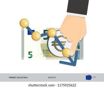 Exchange rate graph with 5 Euro Banknote and coins. Flat style vector illustration. Business concept.