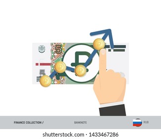 Exchange rate graph with 5 Russian Ruble banknote and coins. Flat style vector illustration. Business concept.