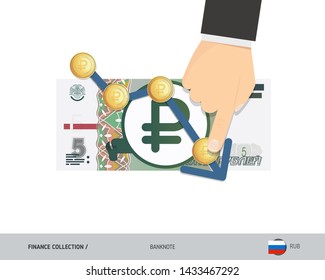 Exchange rate graph with 5 Russian Ruble banknote and coins. Flat style vector illustration. Business concept.