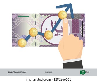 Exchange rate graph with 5 Saudi Arabia Riyal Banknote and coins. Flat style vector illustration. Business concept.