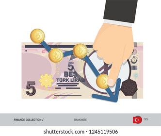 Exchange rate graph with 5 Turkish Lira Banknote and coins. Flat style vector illustration. Business concept.