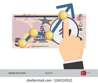 Exchange rate graph with 5 Turkish Lira Banknote and coins. Flat style vector illustration. Business concept.