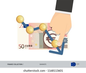 Exchange rate graph with 50 Euro Banknote and coins. Flat style vector illustration. Business concept. 