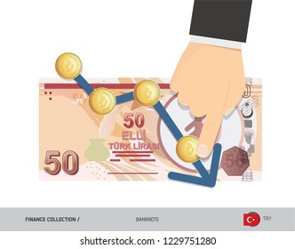 Exchange rate graph with 50 Turkish Lira Banknote and coins. Flat style vector illustration. Business concept.