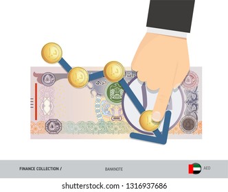 Exchange rate graph with 50 United Arab Emirates Banknote and coins. Flat style vector illustration. Business concept.