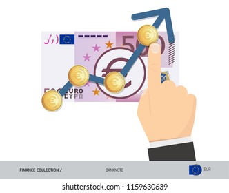 Exchange rate graph with 500 Euro Banknote and coins. Flat style vector illustration. Business concept. 