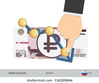 Exchange rate graph with 500 Russian Ruble banknote and coins. Flat style vector illustration. Business concept.