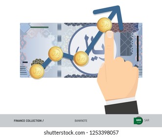 Exchange rate graph with 500 Saudi Arabia Riyal Banknote and coins. Flat style vector illustration. Business concept. 