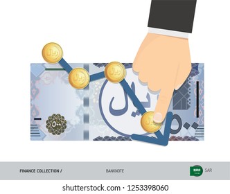 Exchange rate graph with 500 Saudi Arabia Riyal Banknote and coins. Flat style vector illustration. Business concept. 