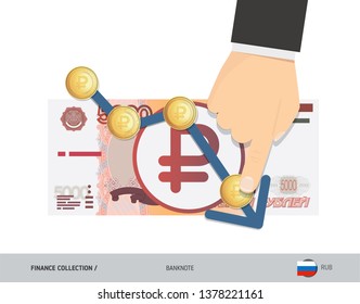 Exchange rate graph with 5000 Russian Ruble banknote and coins. Flat style vector illustration. Business concept.