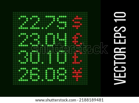 Exchange rate LED display. Money exchange green pixel screen mockup. Vector USD, EUR, GBP symbol. Buy cash neon panel. Digital numbers and alphabet. Binary font. Web dots font set. LCD typeface sign