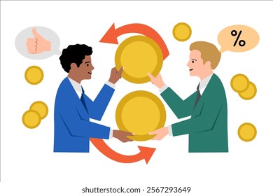 Exchange rate. Exchange of money between men. Vector simple color flat illustration.