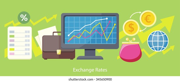 Exchange rates design flat concept. Exchange icon, currency and money exchange, foreign exchange, currency rates, business finance, money financial, web market, banking infographic illustration