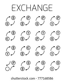 Exchange related vector icon set. Well-crafted sign in thin line style with editable stroke. Vector symbols isolated on a white background. Simple pictograms.