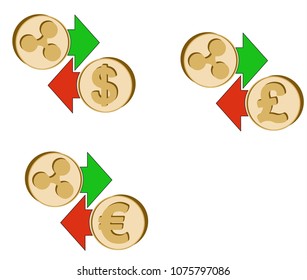 exchange ripple to dollar , euro and british pound , coins of ripple and dollar, euro and british pound with green and red arrow , icon  and symbol , exchange crypto currency on a white background