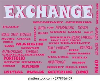 Exchange a Share market related text cloud presented on colorful vector abstract for magazine prints.