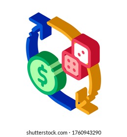 Exchange Sign of Dice for Money Betting And Gambling Icon Vector isometric sign. color isolated symbol illustration