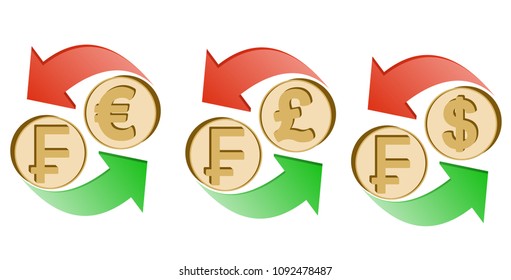 exchange swiss franc to euro, pound sterling and dollar on a white background , sign currency in the form coin with green and red arrow , color design concept
