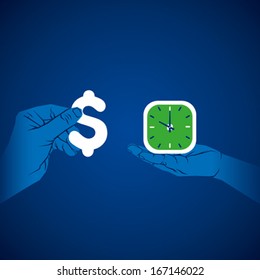 exchange time and money concept , money and clock in hand vector
