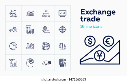 Exchange Trade Line Icon Set. Broker, Analytics, Currency, Globe. Finance Concept. Can Be Used For Topics Like Global Business, Forex, Investment