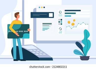 Exchange and trade on forex, currency market. Tiny person holding credit card, standing with POS terminal and money statistics on computer screen flat vector illustration. Finance, benefit concept