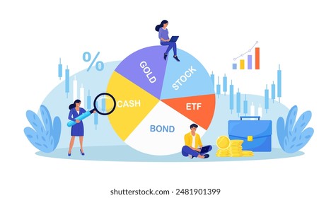 Fondo cotizado en bolsa, bonos, acciones, oro. Empresario revisando la Cartera de inversión diversificada. Gestión de patrimonios, asignación de activos. Cuestión de dinero, planificación financiera. Estrategia de negociación del mercado de valores