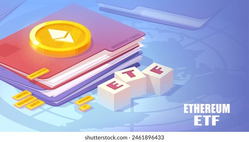 Exchange traded fund and cryptocurrencies isometric concept. Ethereum gold coin on red ETF securities folder. Ethereum ETF