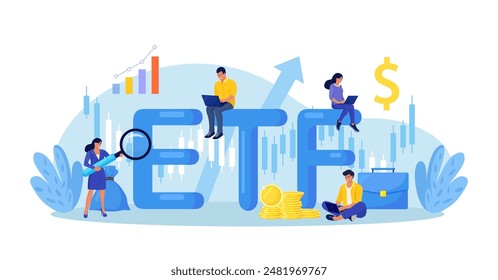 Exchange Traded Funds. ETF. Businessman tracking investment index trading in stock market. Financial broker. Income, investment and saving concept. Business character making financial operation