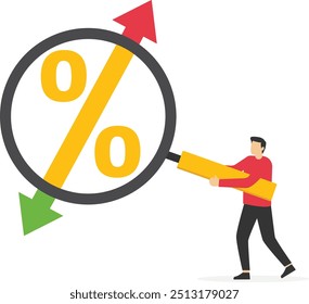 Taxa de transferência cambial. Empresário com uma lupa para ver o ícone de porcentagem dentro, seta para cima e para baixo. Ilustração vetorial

