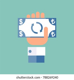 Exchange Turkish lira - dollar. Flat design, isolated background, vector.