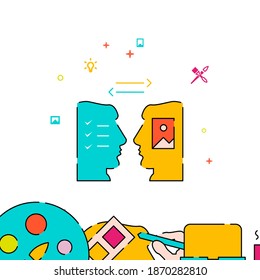 Intercambio de puntos de vista entre el cliente y el icono del vector de línea rellenado por el diseñador, ilustración simple, creatividad, arte y diseño relacionados con el borde inferior.
