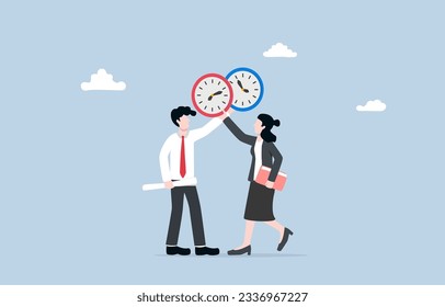 Exchange work shifts, allowing employees more flexible at work, swapping scheduled work hours to accommodate personal preferences concept, Colleagues agree to exchange clocks.