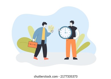 Exchange of working time for money between employee and employer. Tiny male characters holding clock, currency flat vector illustration. Salary concept for banner, website design or landing web page