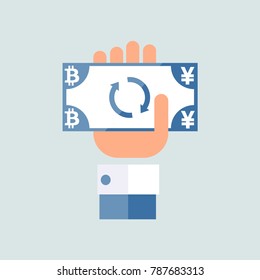 Exchange yen for bitcoin. Flat design, isolated background, vector.