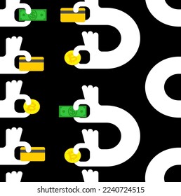 Exchanger pattern seamless. Two hands exchanged. Exchange money for cryptocurrency. Exchange of cash for electronic money. Exchanger illustration