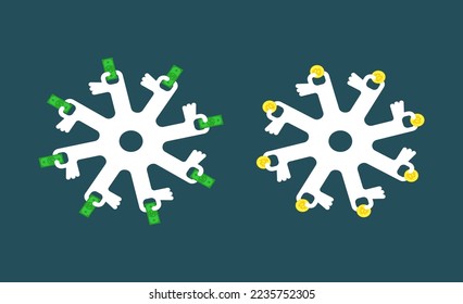 Exchanger work. Hands exchanged. Exchange money for cryptocurrency. Exchange of cash for electronic money. 
