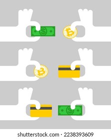 Austauscharbeiten. Hände ausgetauscht. Tauschen Sie Geld gegen Kryptowährung aus. Umtausch von Bargeld gegen elektronisches Geld. 
