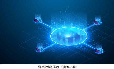 Exchanging cryptocurrency via portals. Blockchain technology theme. Binary digital code passing through an open circular neon glowing futuristic portal on blue background.Isometric vector illustration