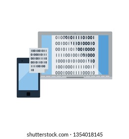 Exchanging Data Icon. Smartphone and Laptop With Binary Code on Screens. Flat color design. Data series. Vector illustration.