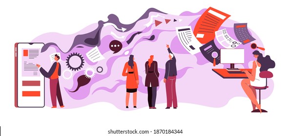 Exchanging Data Online In Internet. People Using Gadgets To Receive And Send Information. Marketing Or Project Of Company. Employees With Documents And Papers For Business. Vector In Flat Style