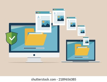 Exchanging files. Modern laptop and pc display. Copying files between devices. Upload and download folders and documents.