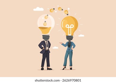 Troca e Geração de Ideias de Negócios Ilustração de Dois Profissionais de Negócios com Lâmpadas como Cabeças, Um Recebendo Ideias e o Outro Apresentando uma Grande Ideia.