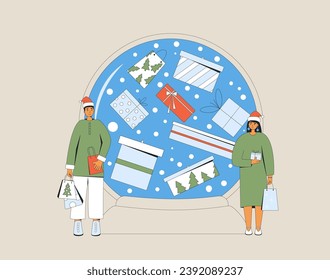 Exchanging gifts. Christmas date. Winter holiday shopping. Two friends standing near huge snow globe with presents. Celebrating New Year. Vector illustration of people with giftboxes.