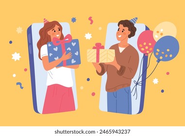 Exchanging gifts remotely. Happy people give presents through phone screens. Birthday greetings. Confetti and balloons. Smartphone technology. Mobile video call. Garish